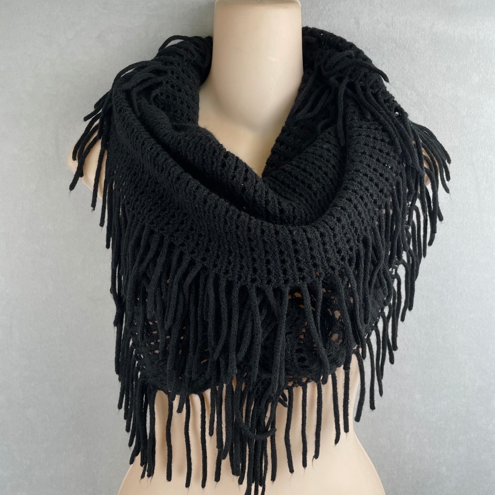 Black Crochet Infinity Scarf Fringe Trim Chunky Open Knit Boho Witchy Loop Scarf